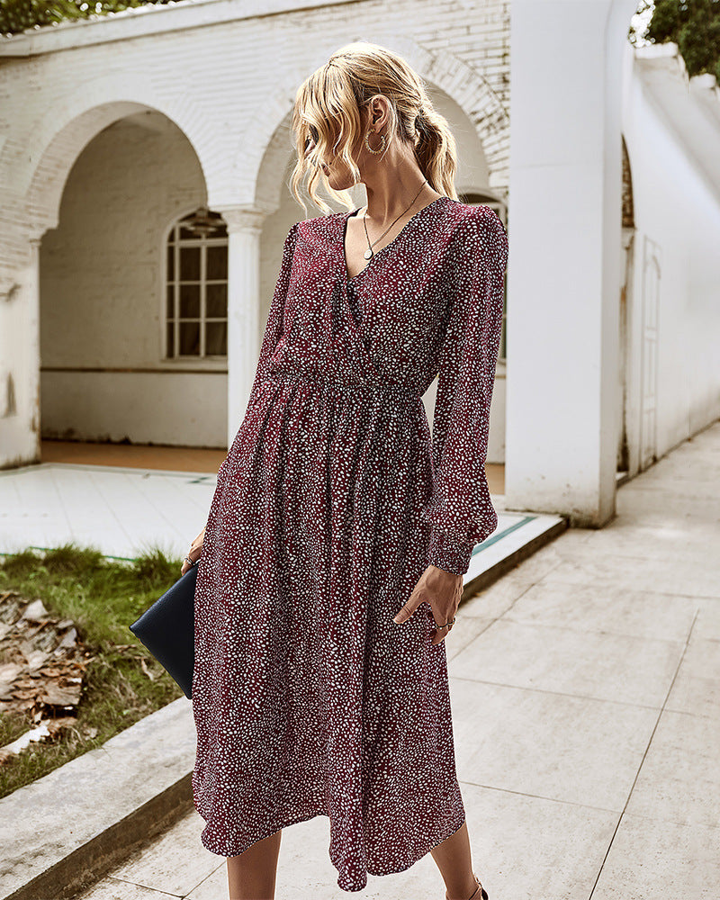 Elegant Retro V-neck Polka dot Floral Maxi Midi Dresses