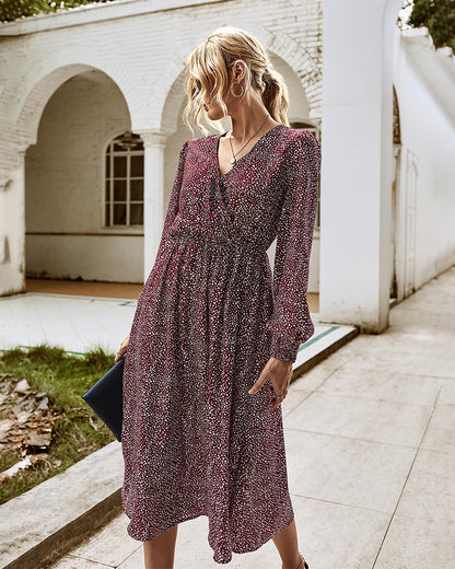 Elegant Retro V-neck Polka dot Floral Maxi Midi Dresses