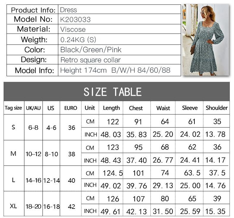 Elegant Retro Square Collar Floral Midi Dresses
