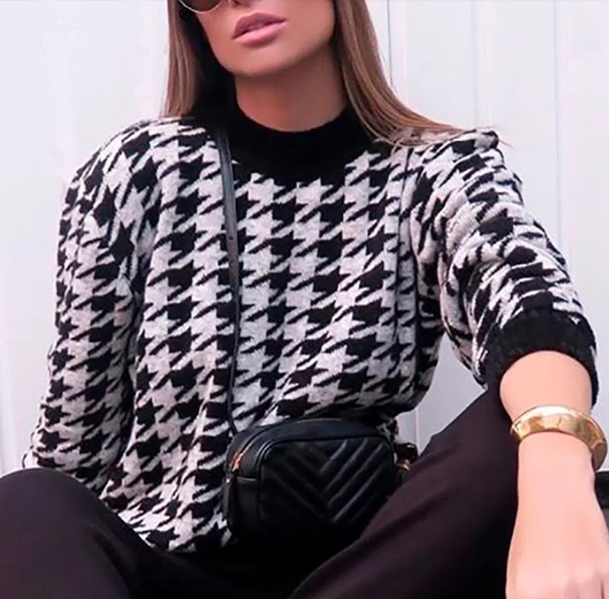 Houndstooth Batwing Sleeve Knitting Swearter