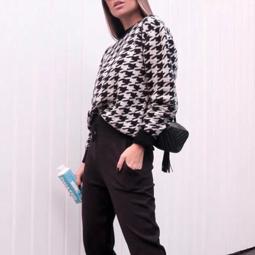 Houndstooth Batwing Sleeve Knitting Swearter