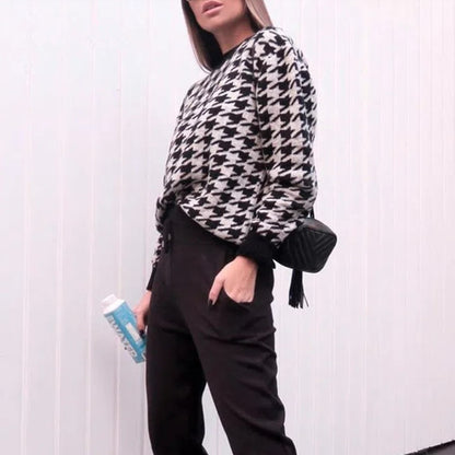 Houndstooth Batwing Sleeve Knitting Swearter