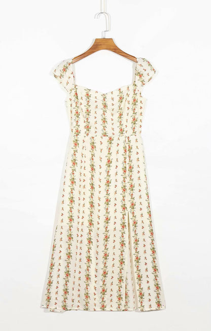 Backless Open Back Slit Floral Printed Midi Dress