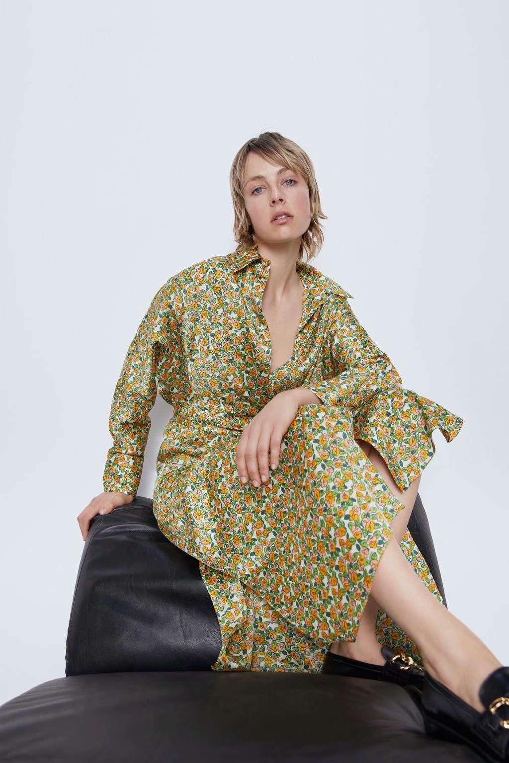 Lace-up Floral Printed Shirt Midi Dress