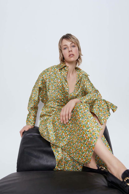 Lace-up Floral Printed Shirt Midi Dress