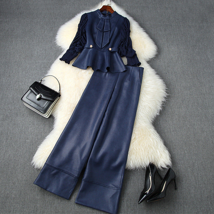 Pearl Suede Splicing Net Yarn Ruffled Sleeves Tops Wide Leg Pants Two-piece Set