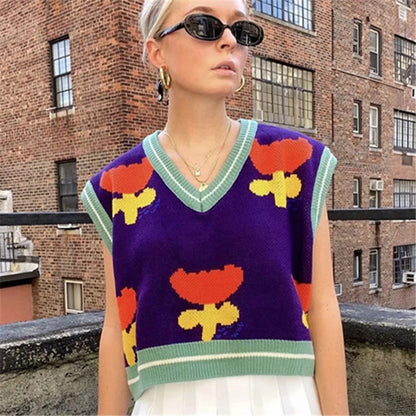 Floral Purple Knit Crop Vest Sweater
