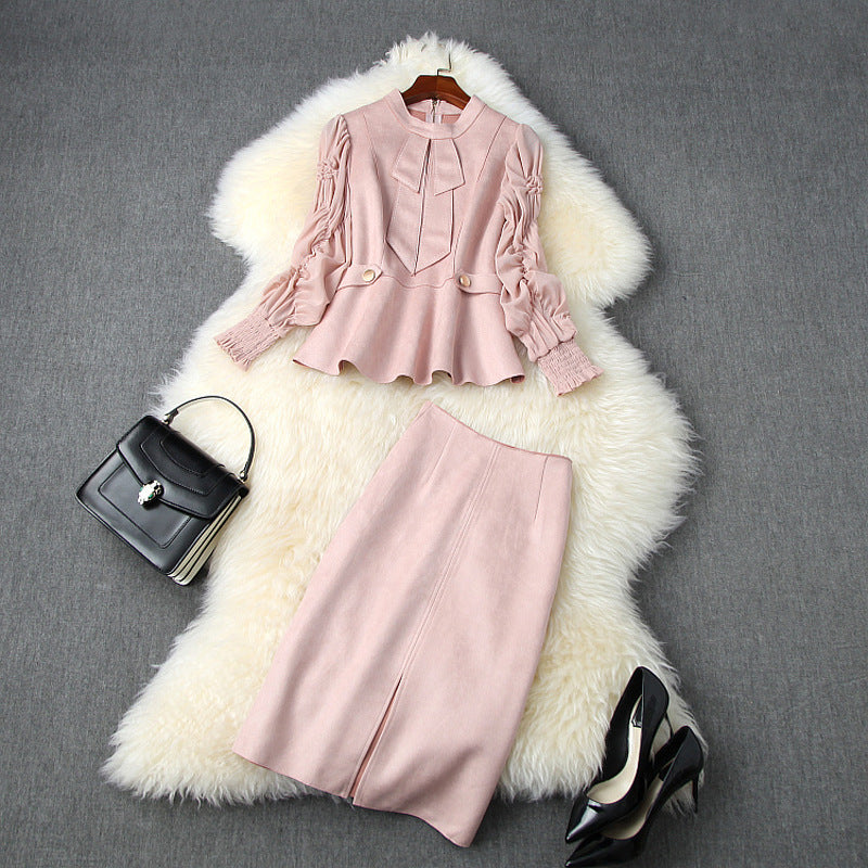 Suede Velvet Splicing Net Yarn Elastic Waist Tops Bodycon Split Skirt Two-piece Set Blue