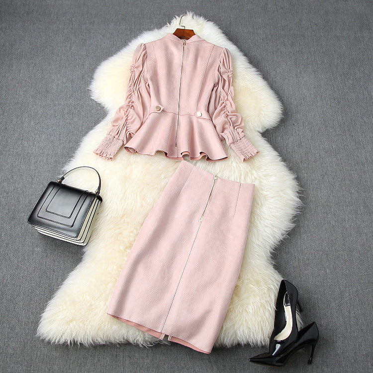 Suede Velvet Splicing Net Yarn Elastic Waist Tops Bodycon Split Skirt Two-piece Set