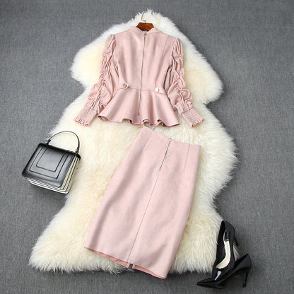Suede Velvet Splicing Net Yarn Elastic Waist Tops Bodycon Split Skirt Two-piece Set