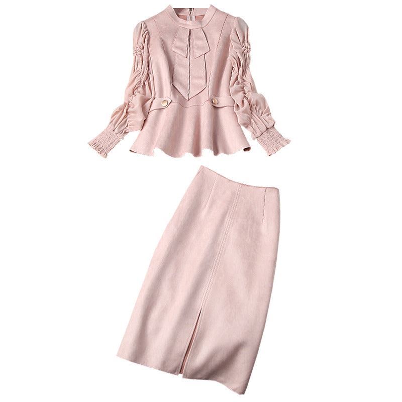Suede Velvet Splicing Net Yarn Elastic Waist Tops Bodycon Split Skirt Two-piece Set Blue