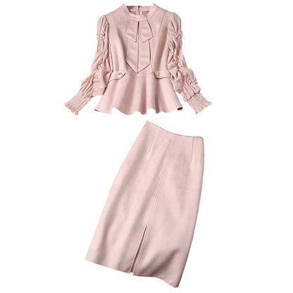 Suede Velvet Splicing Net Yarn Elastic Waist Tops Bodycon Split Skirt Two-piece Set Blue
