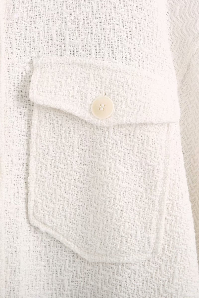 White Lapel Single-breasted Pocket Button Shirt Outerwear