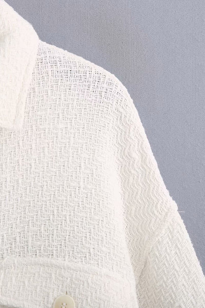 White Lapel Single-breasted Pocket Button Shirt Outerwear