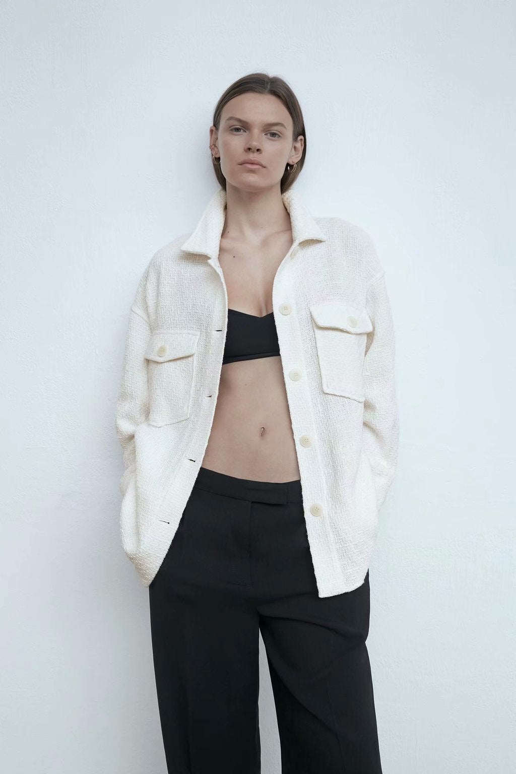 White Lapel Single-breasted Pocket Button Shirt Outerwear
