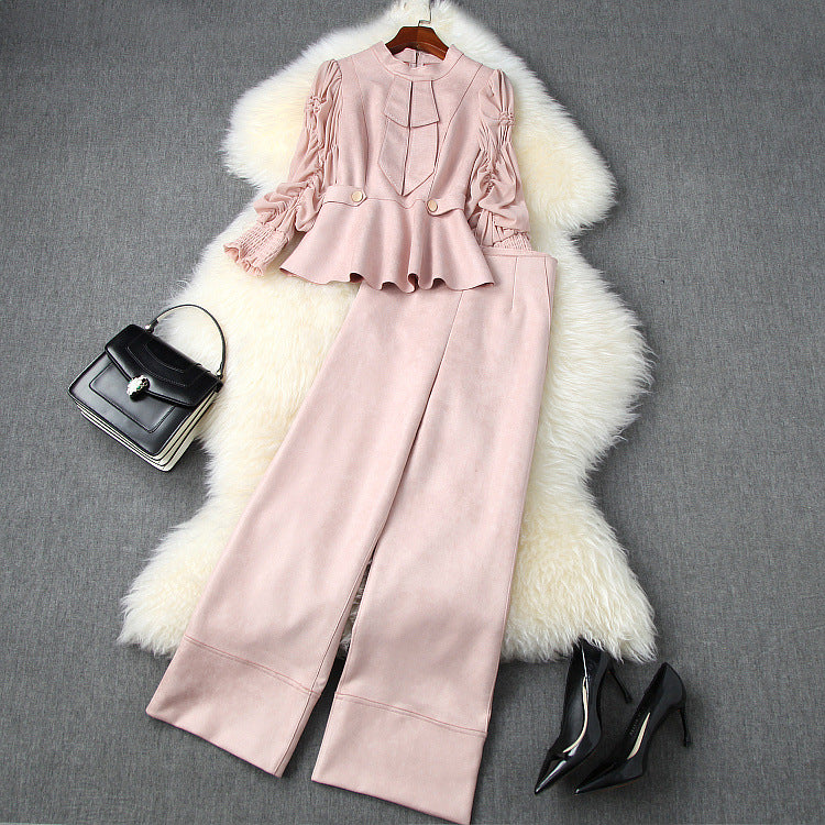 Pearl Suede Splicing Net Yarn Ruffled Sleeves Tops Wide Leg Pants Two-piece Set