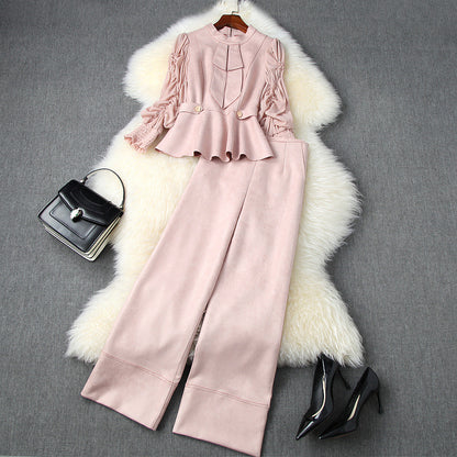 Pearl Suede Splicing Net Yarn Ruffled Sleeves Tops Wide Leg Pants Two-piece Set