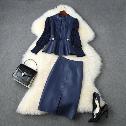 Suede Velvet Splicing Net Yarn Elastic Waist Tops Bodycon Split Skirt Two-piece Set