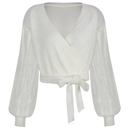 Lantern Sleeve Bow Tie Knitting Sweaters