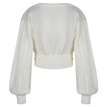 Lantern Sleeve Bow Tie Knitting Sweaters