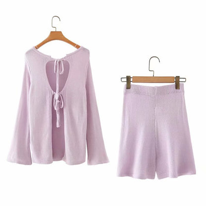 Flared Sleeves Tie Knitting Tops Shorts Two-piece Set