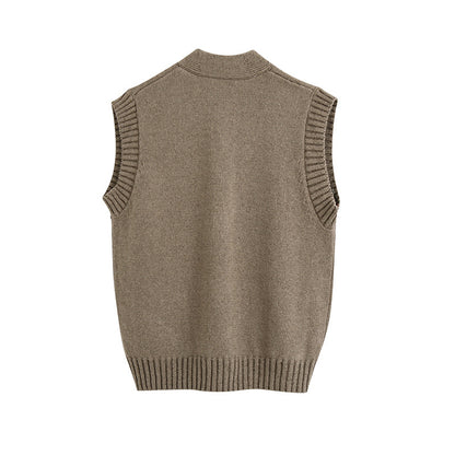 Khaki Knitting V-neck Single-breasted Vest Shorts Cardigans Two-piece Set