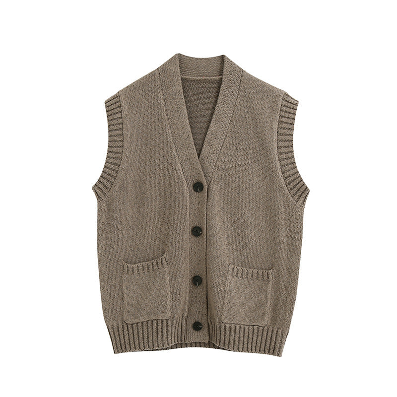 Khaki Knitting V-neck Single-breasted Vest Shorts Cardigans Two-piece Set