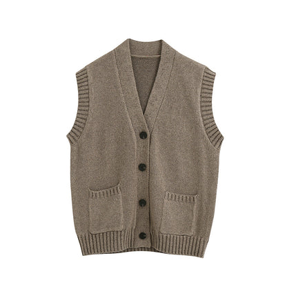 Khaki Knitting V-neck Single-breasted Vest Shorts Cardigans Two-piece Set