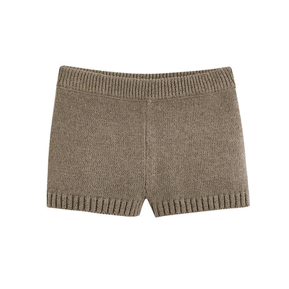 Khaki Knitting V-neck Single-breasted Vest Shorts Cardigans Two-piece Set