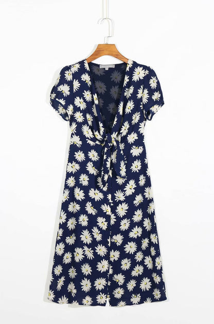 V-neck Daisy Floral Lace-up Button Bodycon Midi Dress