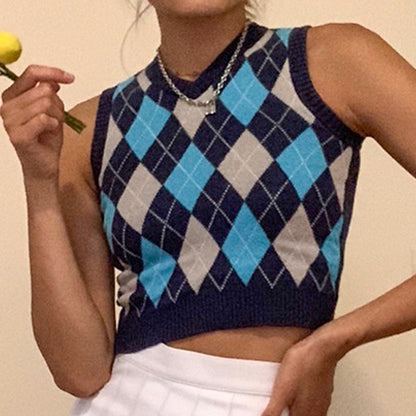 V-neck Knitting Lattice Crop Vest Sweater