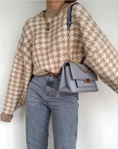 Houndstooth Batwing Sleeve Knitting Swearter