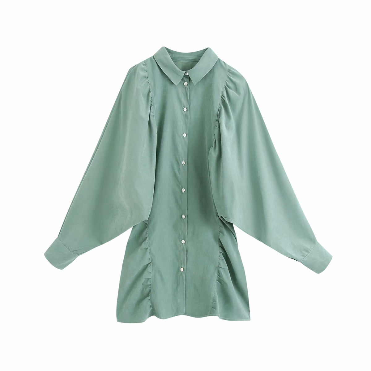 Puff Sleeve Shirred Frill Single-breasted Mini Dress