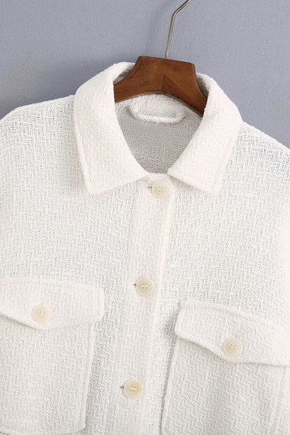 White Lapel Single-breasted Pocket Button Shirt Outerwear