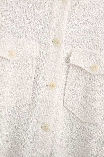 White Lapel Single-breasted Pocket Button Shirt Outerwear