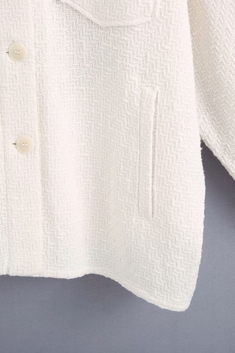 White Lapel Single-breasted Pocket Button Shirt Outerwear