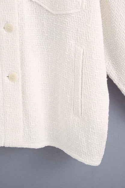 White Lapel Single-breasted Pocket Button Shirt Outerwear