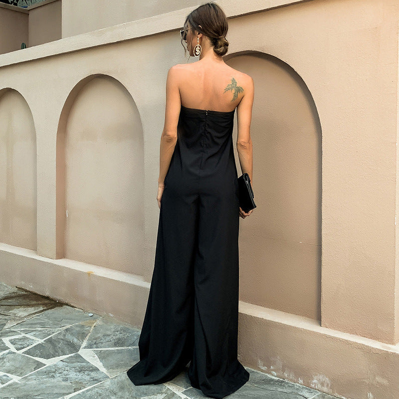 Tube Top Wide Leg Party Pocket Backless Zipper Jumpsuit Black
