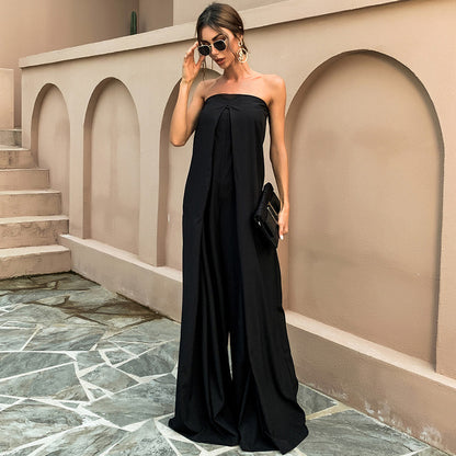 Tube Top Wide Leg Party Pocket Backless Zipper Jumpsuit Black