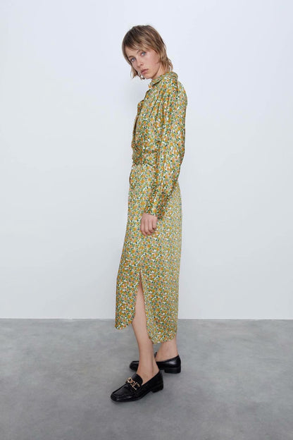 Lace-up Floral Printed Shirt Midi Dress