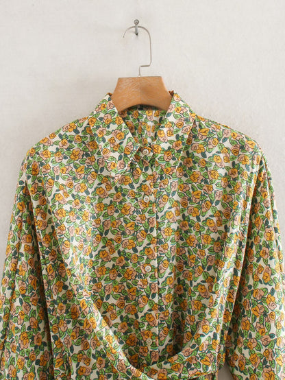 Lace-up Floral Printed Shirt Midi Dress