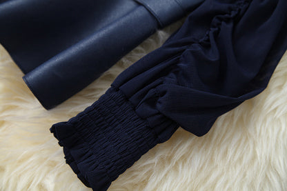 Suede Velvet Splicing Net Yarn Elastic Waist Tops Bodycon Split Skirt Two-piece Set Blue