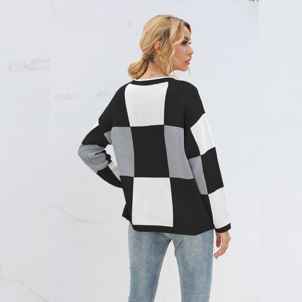 Plaid Knit Oversize Contrast Color Sweaters