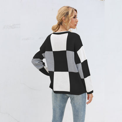 Plaid Knit Oversize Contrast Color Sweaters