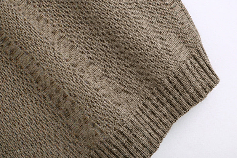 Khaki Knitting V-neck Single-breasted Vest Shorts Cardigans Two-piece Set