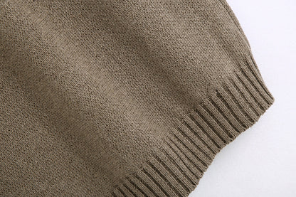 Khaki Knitting V-neck Single-breasted Vest Shorts Cardigans Two-piece Set
