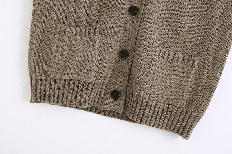 Khaki Knitting V-neck Single-breasted Vest Shorts Cardigans Two-piece Set