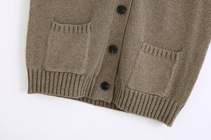 Khaki Knitting V-neck Single-breasted Vest Shorts Cardigans Two-piece Set