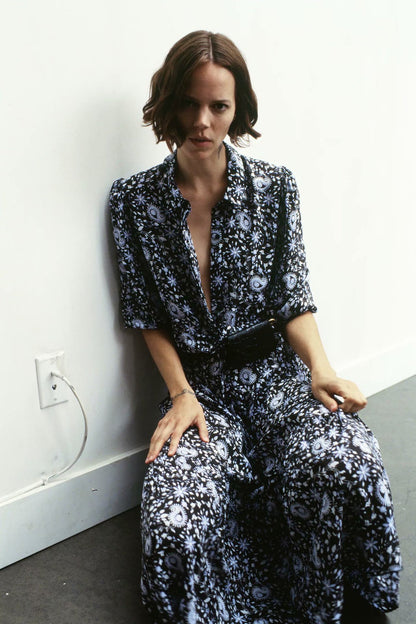 Pile Collar Floral Printed Maxi Dress