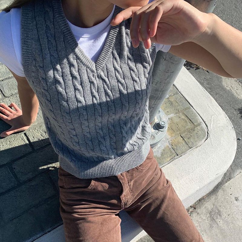 V-neck Knitting Lattice Crop Vest Sweater